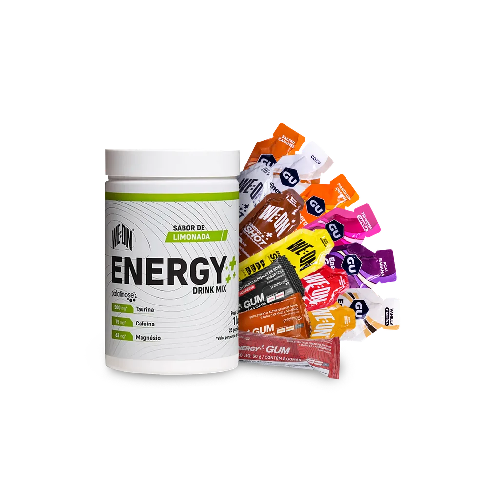 Kit completo com suplementos GU Energy e WE:ON Nutrition